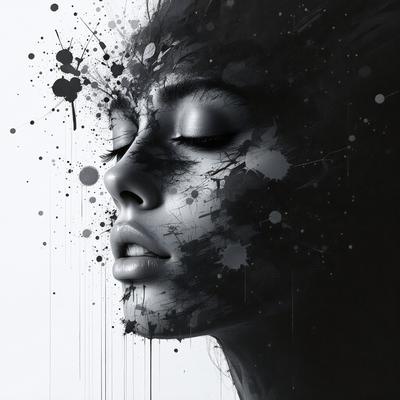 The primary subject of the image is a woman with a beautiful face. She is the main focus of the image. The setting is a white background, which provides a clean and minimalistic environment. The visual style is a black and white photo, which adds a timeless and classic touch to the image. The colors and mood are predominantly black and white, creating a dramatic and artistic atmosphere.